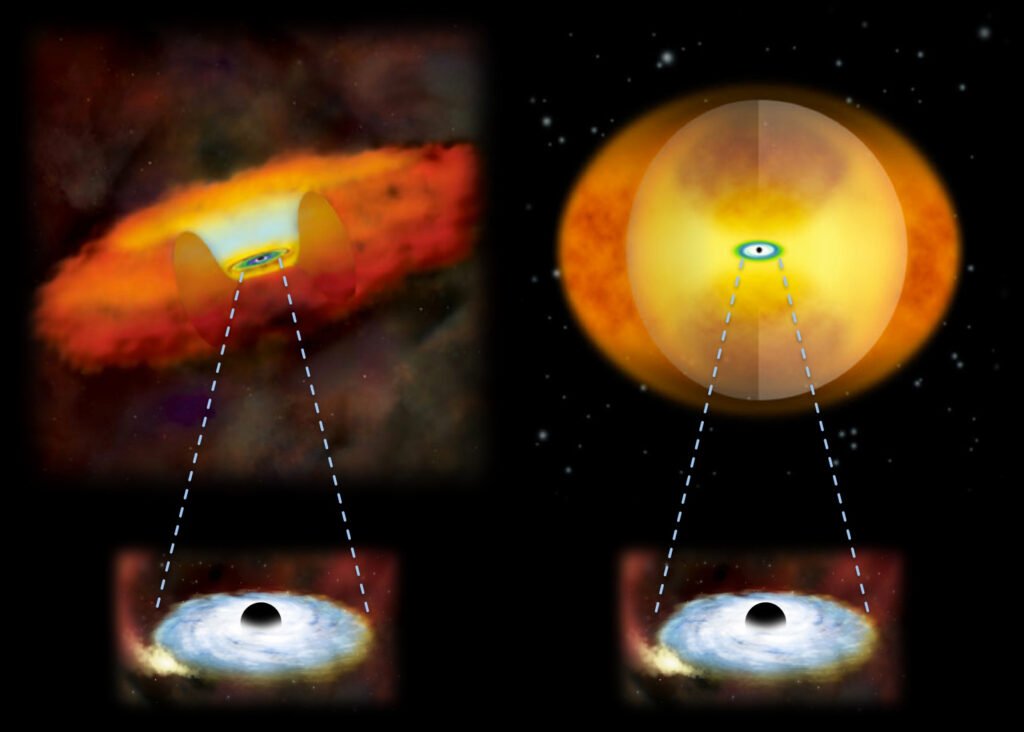 Black Hole growth inside adensegas cocoon showing inward gas flow and trapped radiation