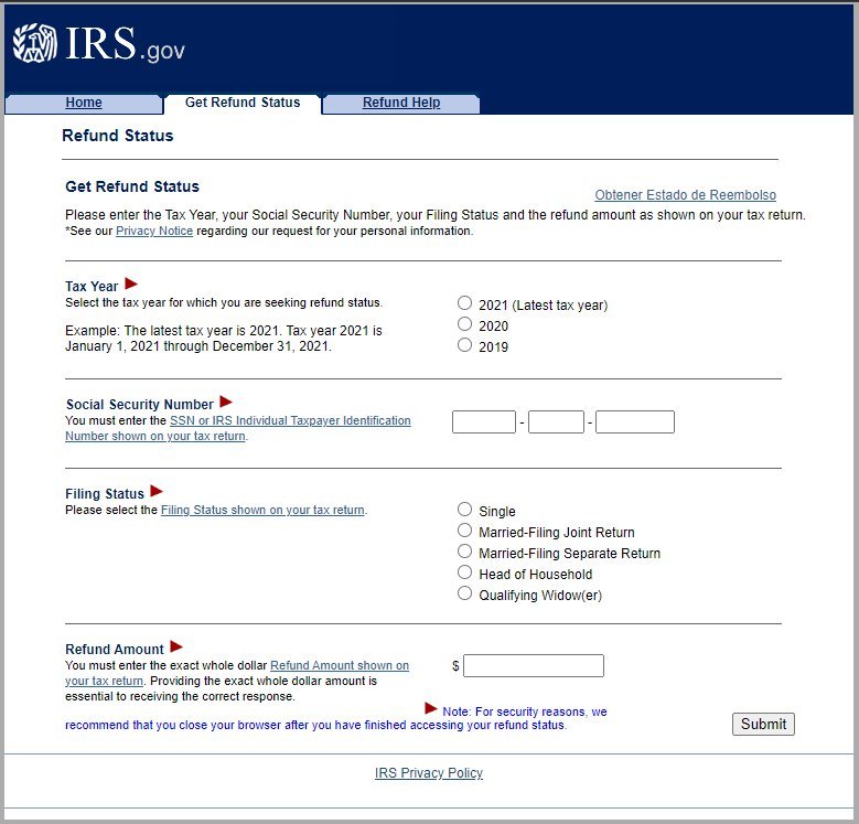 IRS Refund Tracker Status Example