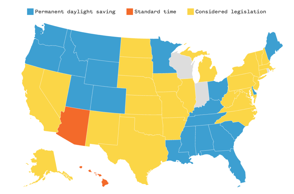 Map showing U.S. states observing and exempt from Daylight Saving Time Is Staying Until 2026