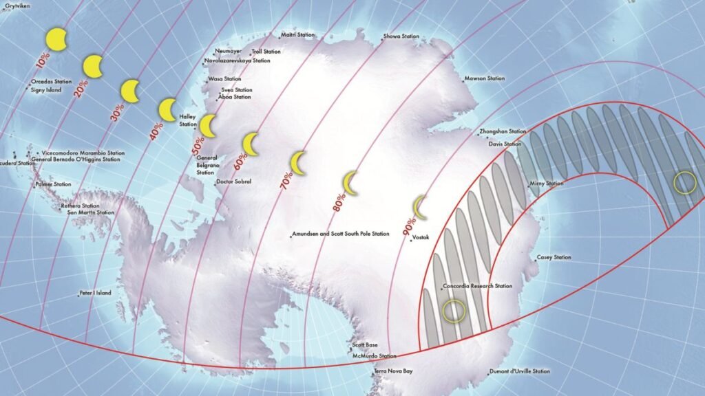 Map showing the narrow path of the Solar Eclipse annularity across Antarctica