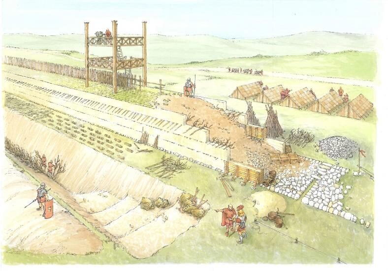 Reconstruction illustration of a Roman fort and settlement near the Antonine Wall