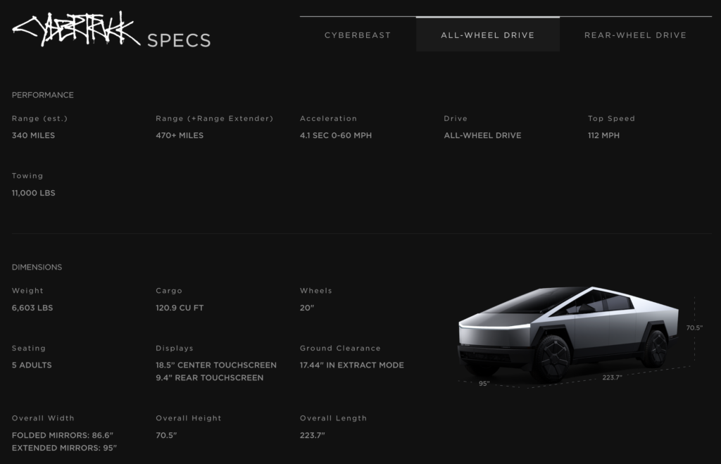 6×6 Tesla Cybertruck Key Specs